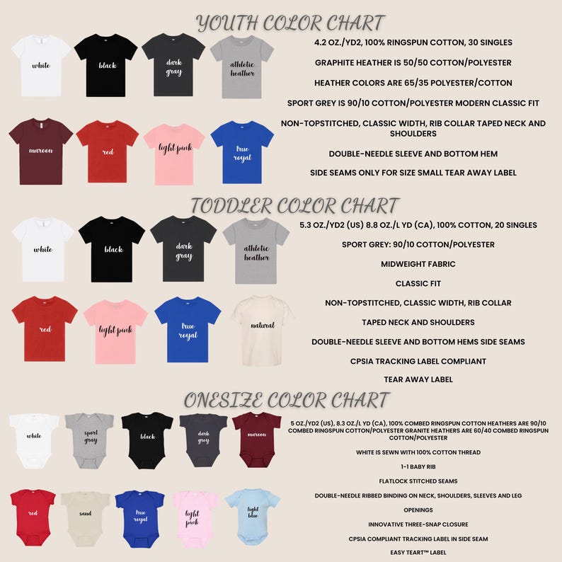 Puede incluir: Una tabla de colores para ropa de j&oacute;venes, ni&ntilde;os peque&ntilde;os y talla &uacute;nica. La tabla muestra varios colores de camisetas y bodies, incluyendo blanco, negro, rojo y azul. El texto proporciona detalles sobre la composici&oacute;n y construcci&oacute;n de la tela.