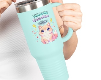 Taza de viaje isotérmica de 1,2 litros con diseño de gato Kawaii "Esta es mi cara tranquila".