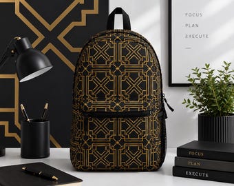 Mochila con estampado geométrico Art Déco / Cuadrícula retro negra y dorada