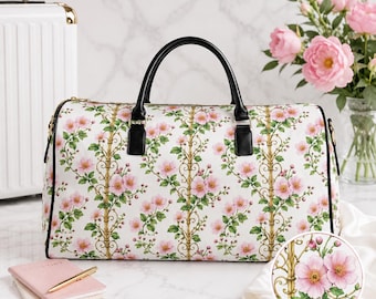 ピンクの花柄つる模様のフェイクレザー製トラベルバッグ｜ウィークエンダーダッフル、ジャパニーズアネモネ