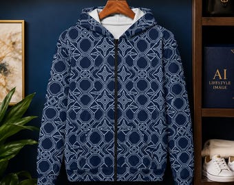 Geometrische Blauer Zip Hoodie | Allover-Druck