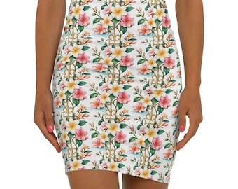 トロピカルプルメリア柄ペンシルスカート｜ピンクと黄色のプルメリアプリント