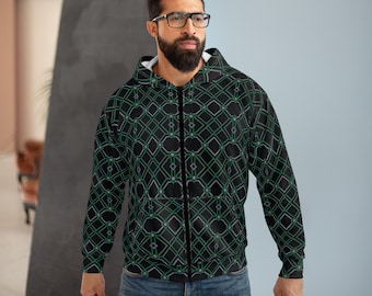 Geometric Lattice Pattern Zip Hoodie | Green Black All-Over Print
