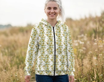 Gelber Sonnenblumen-Zip-Hoodie | All-Over Print Blumenmuster