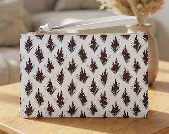 Rote Blumen Gladiolus Sprig Clutch Tasche | Botanisches Muster, weißer Hintergrund