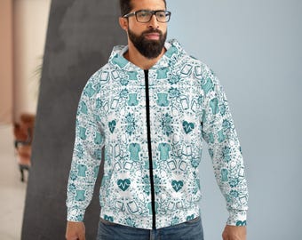Teal Scrubs Stethoscope Pattern Zip Hoodie | All-Over Print