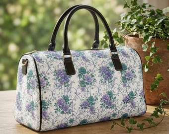 Paarse groenblauwe leren reistas met bloemen trellispatroon | Reistas met bloemen