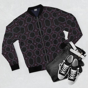Pink Geometric Hexagon Pattern Bomber Jacket | Dark Honeycomb All-Over Print