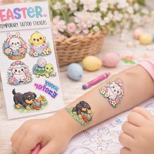 Tatouages temporaires de Pâques Rottweiler, poussin, lapin, tortue, agneau | Drap animal printanier