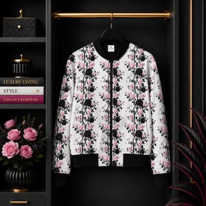 Chaqueta bomber con estampado de rosas negras y flores rosas / AOP floral