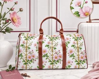 Pink Japanese Anemone Floral Print Duffle Bag | Waterproof Botanical Travel Bag