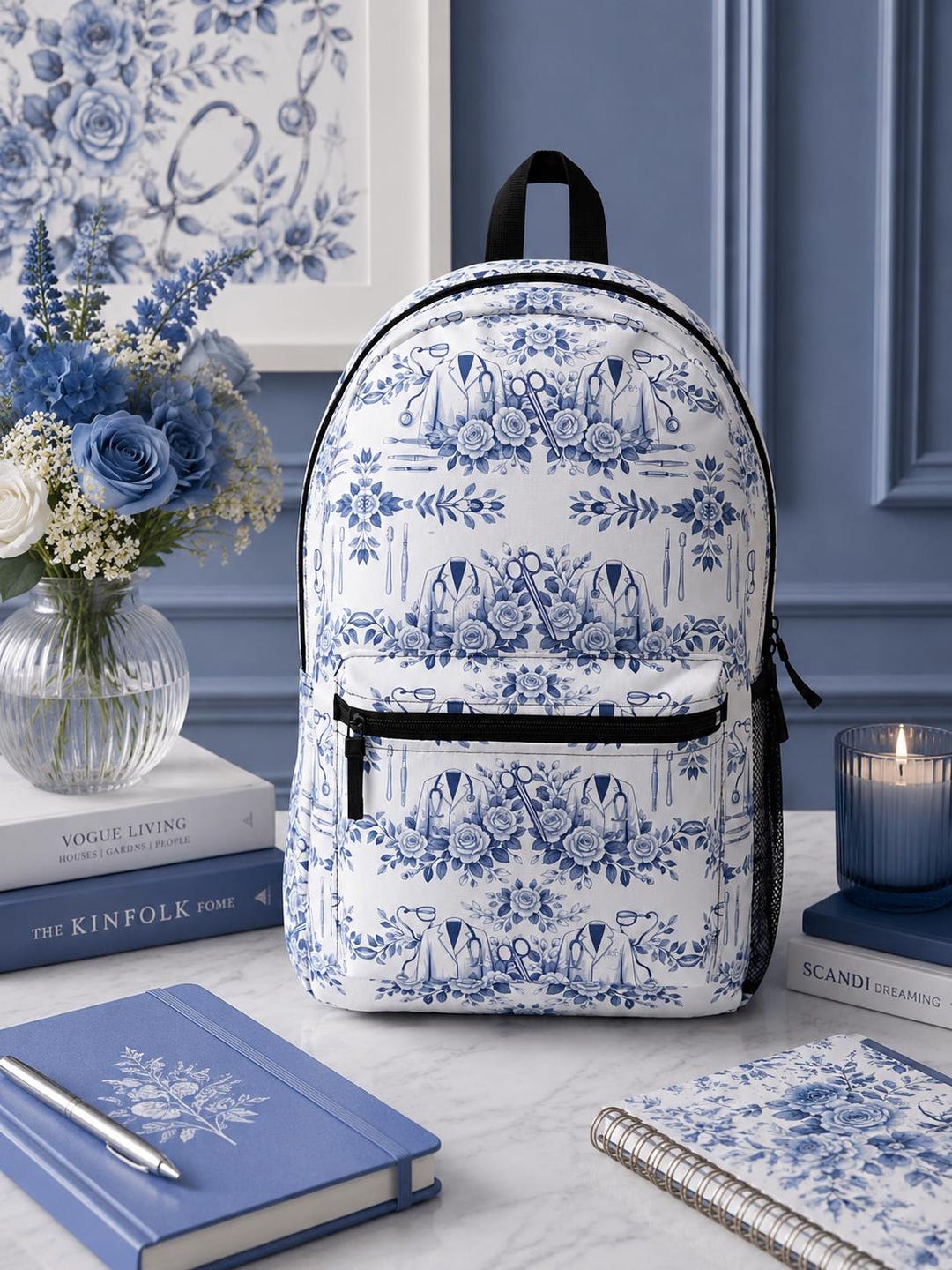 Blue Delft Floral Pattern Backpack | Vintage Porcelain Tile Motif - Etsy
