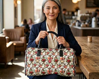 Skórzana torba podróżna w stylu vintage z motywem róż i kwiatów | Bukiet z drewnianej kratki