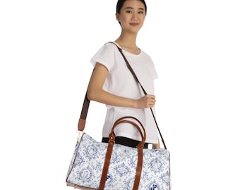 Blauwe toile waterdichte reistas met medische motieven voor verpleegkundigen | Reistas met leren riemen