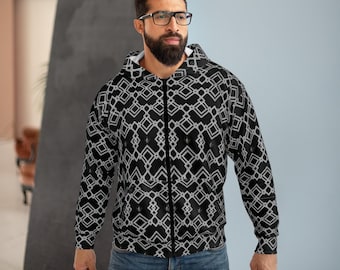 Black Geometric Chain Zip Hoodie | All-Over Print Polyester Layer
