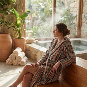 May include: A person wearing a multi-colored hooded robe with a geometric pattern sits on a wooden bench. The robe has a belt and tassels. Rolled white towels and potted plants are in the background. A spa-like setting with a window overlooking greenery.