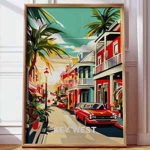 Key West Florida reisposter, retro digitale muurkunstprint, tropisch vintage huisdecor, kleurrijke strandstad illustratie, instant download