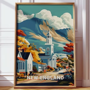 New England Reiseposter - Vintage Style Herbstlaub Wandkunst, Kleinstadt Kirche Illustration, Herbst Landschaft Druck, digitaler Download