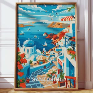 Santorini Greece Wall Art – Greek Island Travel Poster, Mediterranean Coastal Print, White and Blue Decor