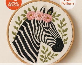 Zebra Embroidery Pattern PDF with DMC Color Chart & Stitch Guide, Floral Zebra Hoop Art