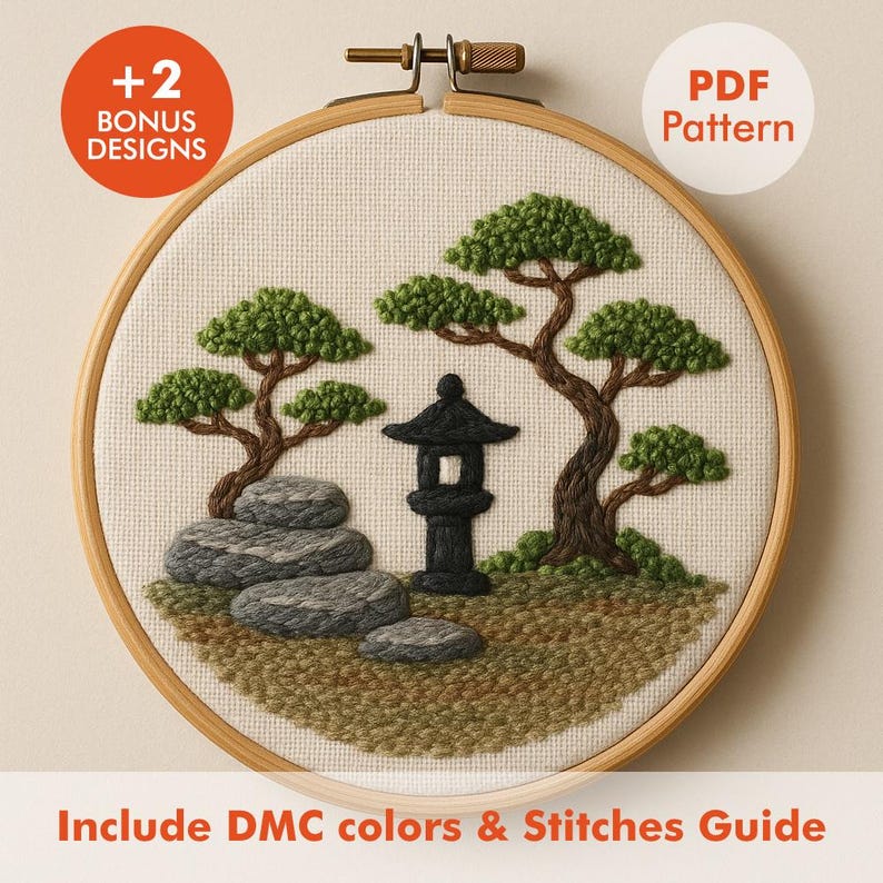 Zen Garden Embroidery Pattern PDF, Japanese Bonsai Tree Hoop Art ...