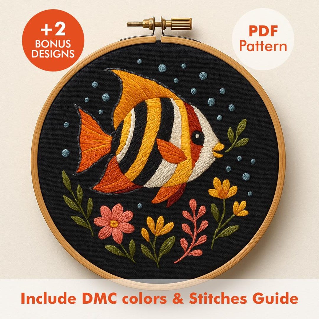 Embroidered Fish Pattern Tropical Fish Embroidery Pattern PDF, Ocean Floral Hoop Art With DMC ...
