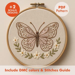 Neutral Vintage Butterfly Embroidery Pattern PDF, Minimal Floral Hoop Art with DMC Thread Guide