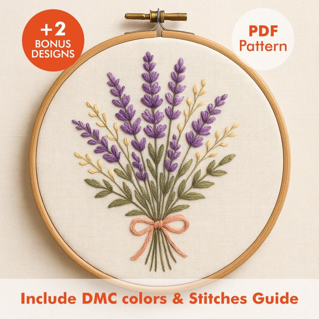 Lavender Embroidery Pattern PDF | Floral Hand Embroidery Bouquet Design ...