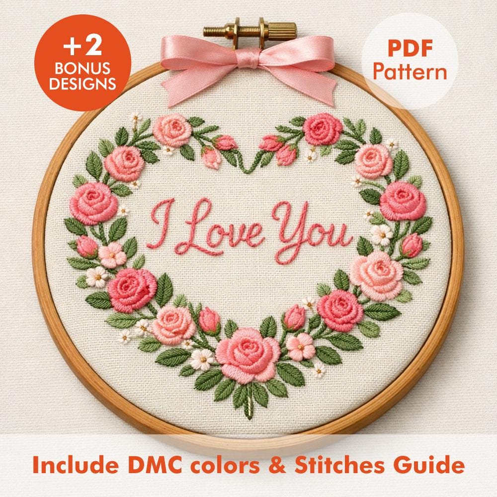 I Love You Heart Floral Embroidery Pattern PDF – Romantic Rose Wreath ...