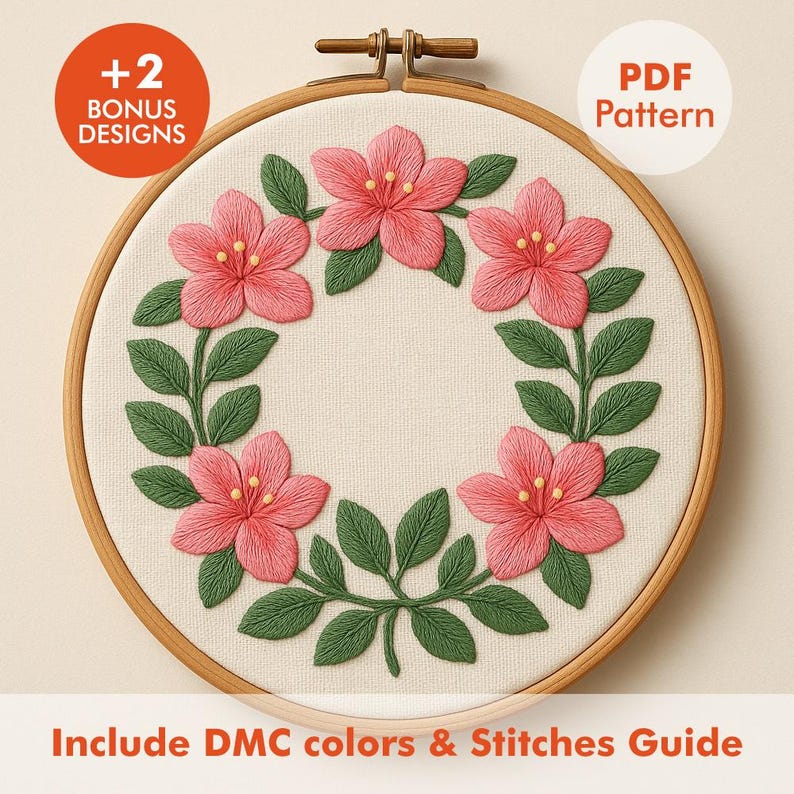 Floral Wreath Embroidery Pattern PDF | Pink Flower Circle Hoop Design ...