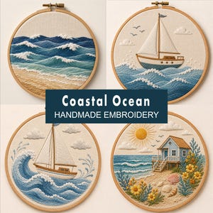 May include: Four circular wooden embroidery hoops featuring coastal scenes. Designs include ocean waves on sand, a sailboat on water, a sailboat on a large wave, and a beach house with a sun, flowers, and shells. Text reads Coastal Ocean HANDMADE EMBROIDERY.
