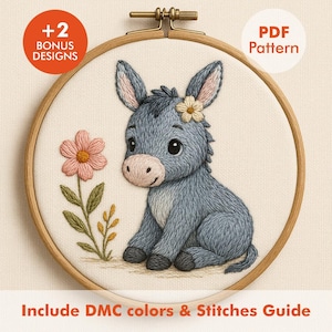 May include: An embroidery hoop with a cross-stitch design of a blue donkey with a flower, and a pink flower. Text includes "+2 BONUS DESIGNS", "PDF Pattern", and "Include DMC colors & Stitches Guide". The hoop is held in a wooden frame.