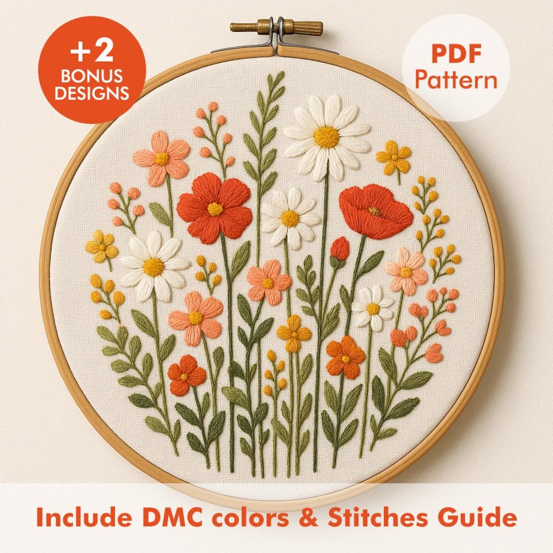 Wildflower Meadow Embroidery Pattern PDF – Colorful Daisy & Poppy ...