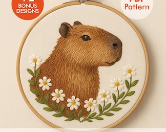 Capybara Embroidery Pattern PDF with DMC Colors | Floral Animal Hoop Art