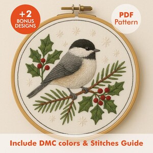 May include: Embroidered bird design in a wooden hoop. The artwork features a gray, black, and cream-colored bird perched on a branch with green leaves and red berries. The text "PDF Pattern" and "+2 Bonus Designs" are visible.