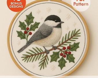 Christmas Chickadee Embroidery Pattern PDF | Winter Bird Stitch Design