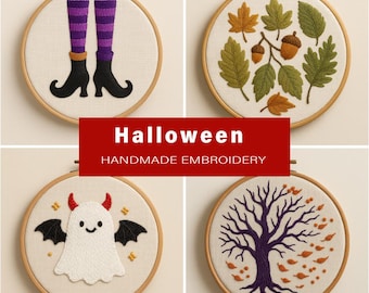 Halloween Embroidery Pattern Bundle PDF, Witch Boots Ghost Bat Tree Autumn Leaves Designs