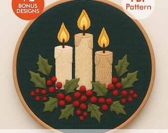 May include: A cross-stitch design featuring three candles with yellow flames, green holly leaves, and red berries, set against a dark green backdrop. The design is in a wooden embroidery hoop. Text includes "+2 BONUS DESIGNS" and "PDF Pattern".