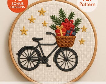 Christmas Bicycle Embroidery Pattern PDF – Holiday Bike with Gifts Design