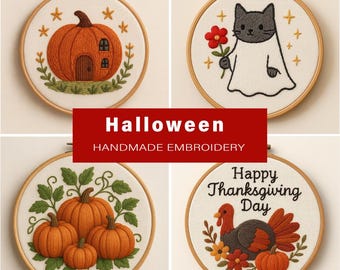Halloween Embroidery Pattern Bundle PDF, Pumpkin House Ghost Cat Turkey Thanksgiving Designs,