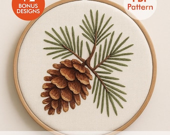 Pinecone Embroidery Pattern PDF | Realistic Winter Pine Branch Design