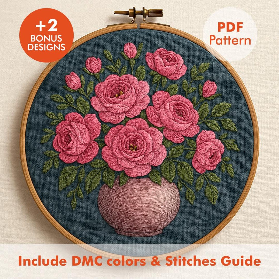 Rose Bouquet Embroidery Pattern PDF – Pink Floral Vase Design - Etsy