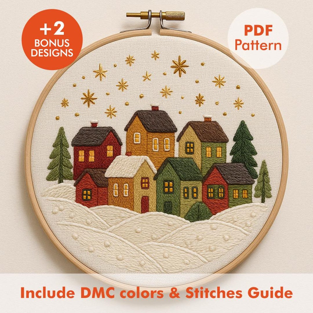 Christmas Village Embroidery Pattern PDF | Cozy Winter Houses & Trees ...