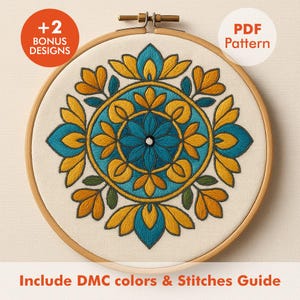 Pode incluir: Um bastidor de bordado circular com um design floral simétrico em verde-azulado, amarelo e verde. O design está centrado em um tecido creme. O texto na imagem diz "+2 Bonus Designs", "PDF Pattern" e "Include DMC colors & Stitches Guide".