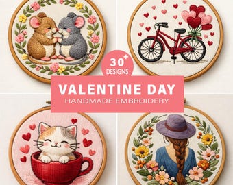 Valentine’s Day Embroidery Bundle | 30+ Handmade Hoop Art Designs | Cute Animals, Floral Hearts & Love Patterns | PDF