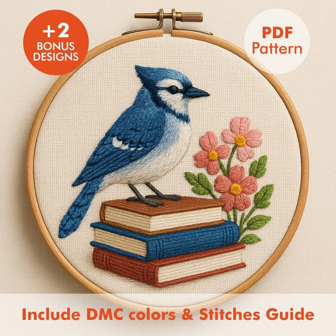 Blue Jay Fly Pattern Blue Jay Embroidery Pattern PDF, Bird on Books Floral Hoop Art, Nature ...