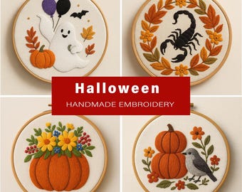 Halloween Embroidery Pattern Bundle PDF, Ghost Balloon Scorpion Pumpkin Floral Bird Designs,