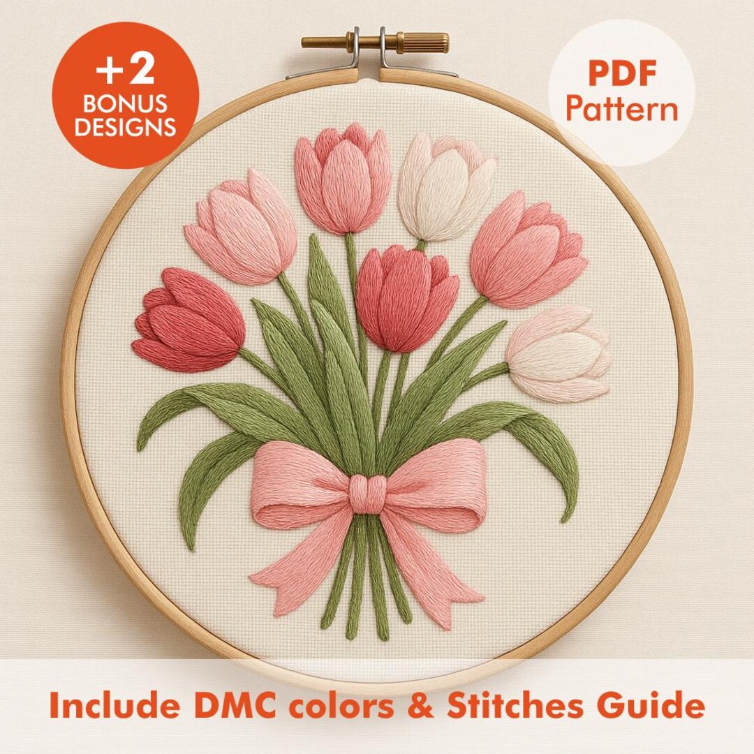 Tulip Bouquet Embroidery Pattern PDF – Pink & Red Spring Flowers With ...