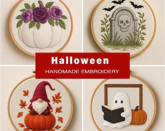 Halloween Embroidery Pattern Bundle PDF, Floral Pumpkin Skull Tomb Ghost Reading Gnome Designs,