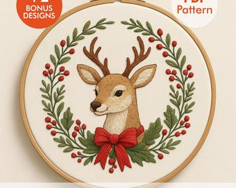 Christmas Deer Embroidery Pattern PDF | Holiday Reindeer Hoop Art